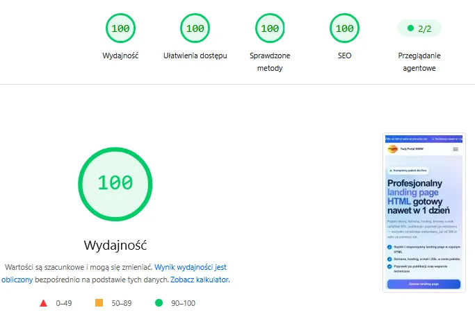 Oficjalny wynik Google PageSpeed Insights 100/100 dla strony Twój Portal WWW